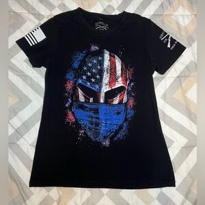Grunt Style Black Tee with Blue and Red Graphic